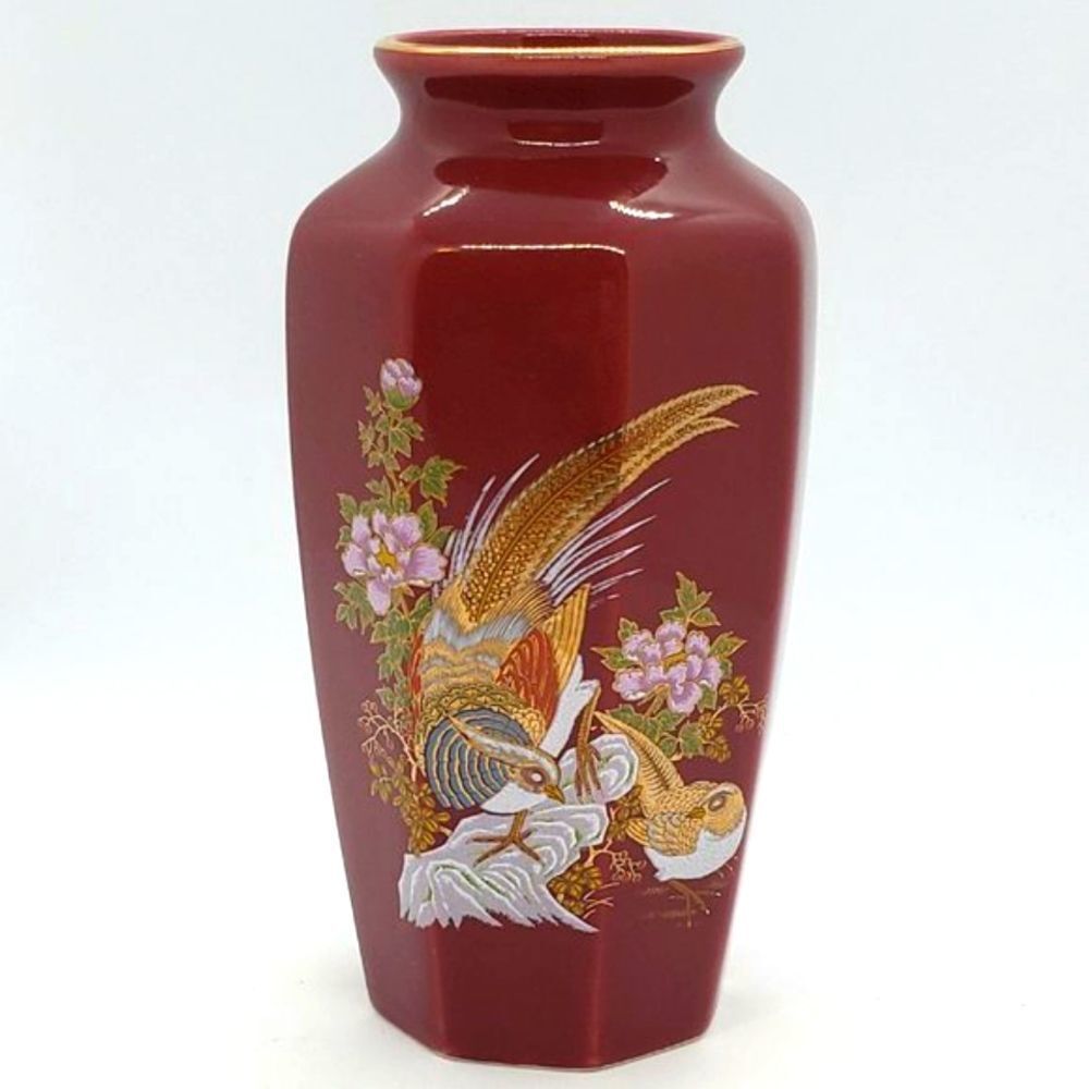 Vintage Japanese Satsuma Dusty Rose Gold Accent Floral Pheasant Ceramic Vase